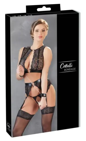 Cottelli Bondage - Fényes csíkos, csipkés fehérnemű szett (4 részes) - Image 2