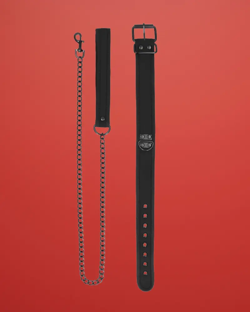 Ouch Puppy Play - Neoprén nyakörv pórázzal (fekete)