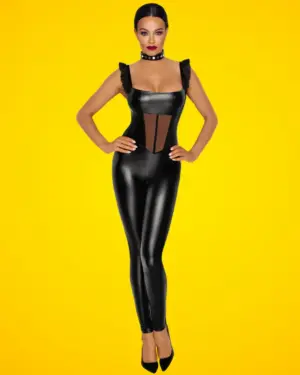 Noir Handmade F256 - Bőrhatású hosszú overál tüll berakással