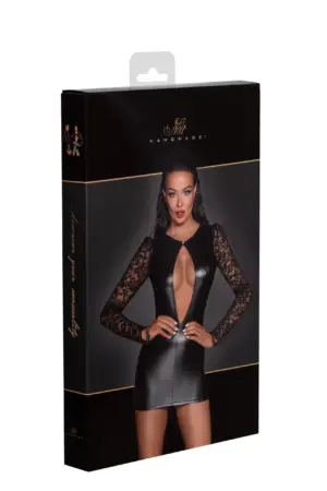 Noir Handmade F253 - Rövid bőrhatású ruha csipke berakással - Image 5