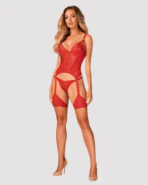 Obsessive Belovya - Csipkés fűző és tanga (piros) - Image 3