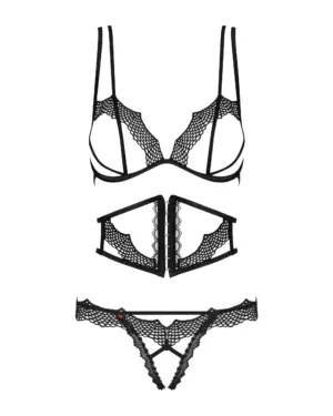 Obsessive Bravelle - Fekete nyitott mellű 3 részes szett S/M - Image 5