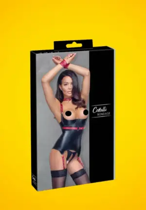 Cottelli Bondage - Fényes, mellemelős felső nyakörvvel (fekete)